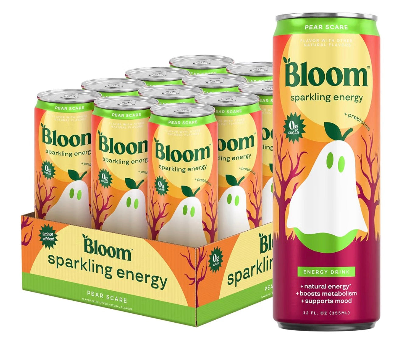 Bloom Energy Drink Pear Scare Limited Edition, 12 Pack, 12 Oz Cans