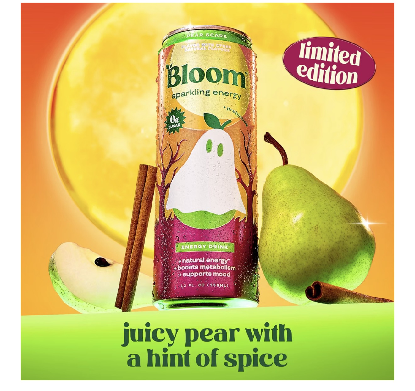 Bloom Energy Drink Pear Scare Limited Edition, 12 Pack, 12 Oz Cans