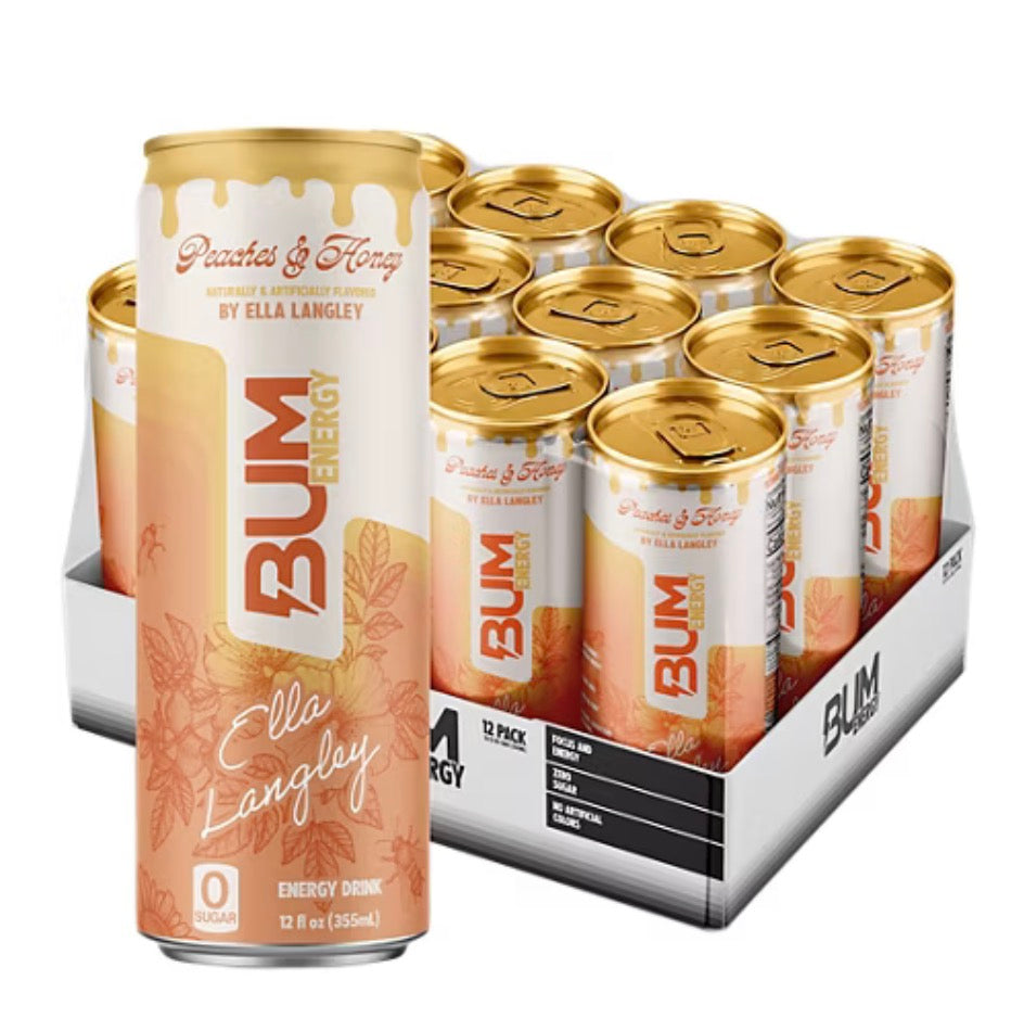 Bum Energy Ella Langley Peach’s N Honey LTO Energy Drink, 112 mg Natural Caffeine, 12 fl oz Can, 12 Pack
